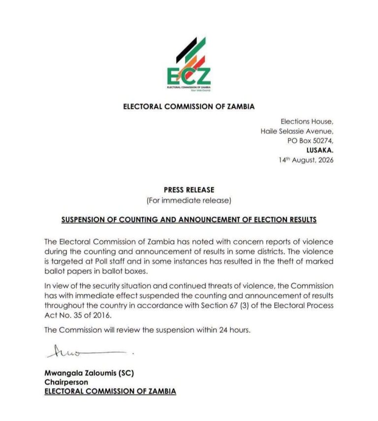 ECZ Suspends Counting and Announcement of Election Results Nationwide