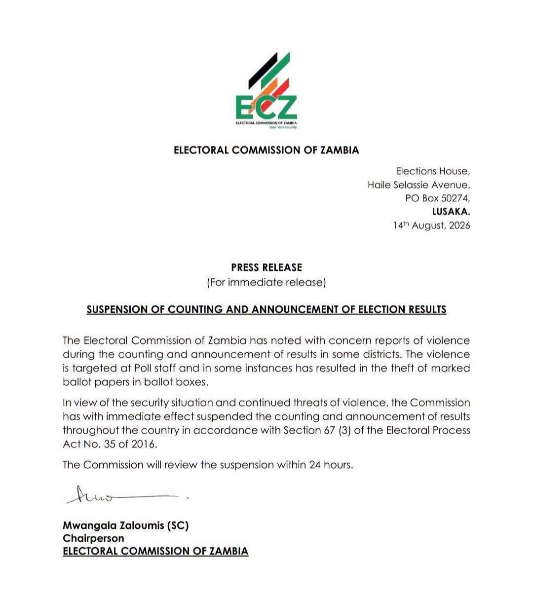 ECZ Suspends Counting and Announcement of Election Results Nationwide