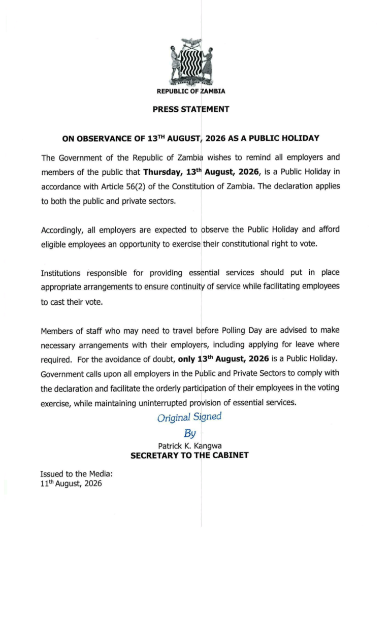 Government Declares August 13 a Public Holiday for Elections